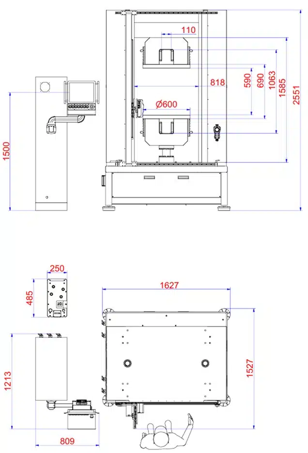Layout macchina universale per prove di trazione 600 kN